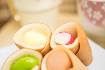 Tokyo rolls, pancakes, stuffed crab.