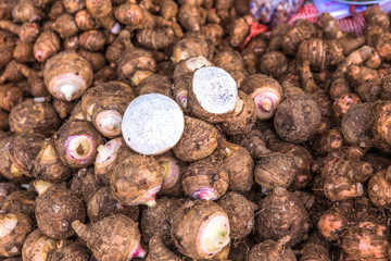 background of fresh taro root, Taro Roots at the market