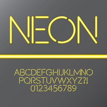 Yellow Neon Tube Alphabet And Numbers, Eps 10 Vector