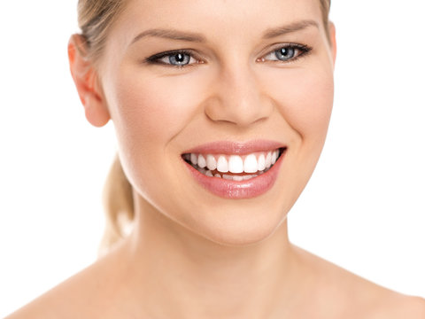 Dental care woman with perfect white toothy smile.