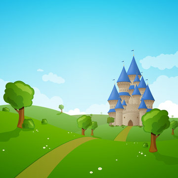 Vector Illustration of a Green Landscape with a Castle