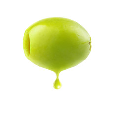 Isolated olive. One pitted green olive fruit with drop of oil isolated on white background