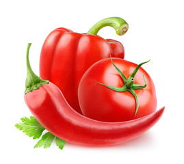 Isolated ketchup ingredients. Tomato, red bell pepper and chili pepper isolated on white background