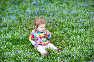 Little baby girl relaxing on the lawn between  blue flowers