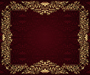 Vector greeting card with golden frame in vintge seamless patter