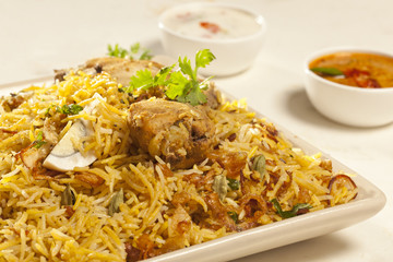 Hot delicious chicken biryani.