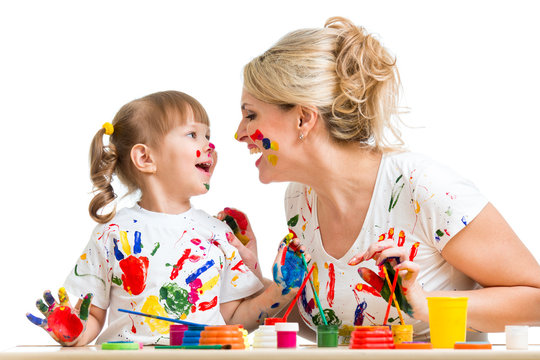 Mother With Kid Painting And Have Fun Pastime