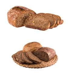 Composition with bread and rolls on wicker rug.