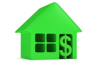 Green house and dollar on white. 3d render.