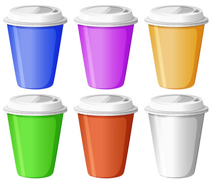 Six colorful disposable cups