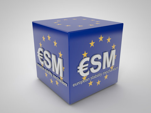 ESM european stability mechanism on blue cube with european