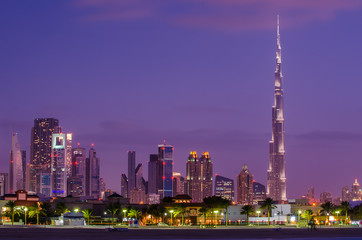 Naklejka premium Downtown of Dubai (United Arab Emirates) in the sunset