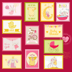 Fototapeta na wymiar Baby Shower or Arrival Postage Stamps - for design and scrapbook