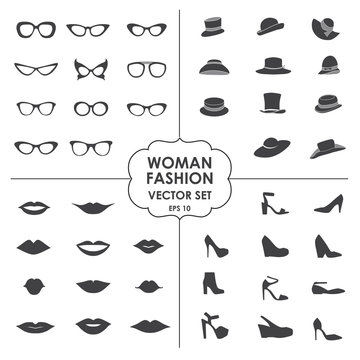 Woman Fashion Set vector - icons, glasses, hats, shoes, lips
