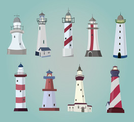 set of cartoon lighthouses. Flat icons.