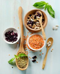 Beans and lentil on a wooden table