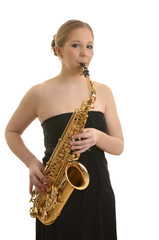 Fototapeta premium Hübsche blonde Frau spielt Saxophon