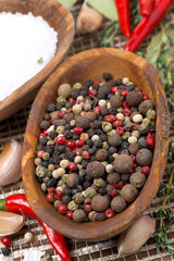 bowl with assorted hot peppers, top view
