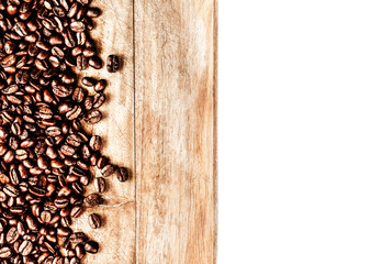 Roasted Coffee Beans background texture on wooden board frame is