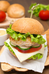 homemade chicken burger with vegetables, cheese