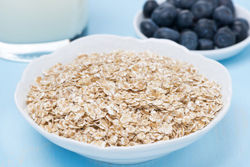 oat flakes, fresh blueberries and milk for breakfast, close-up