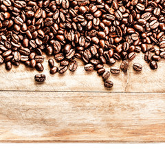 Roasted Coffee Beans background texture on wooden board frame is