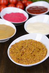 Various sauces on table close-up