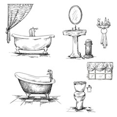 Bathroom interior elements. hand drawn