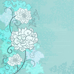 White flowers, blue background.