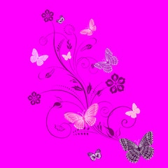 Vector card with a branch and butterflies.