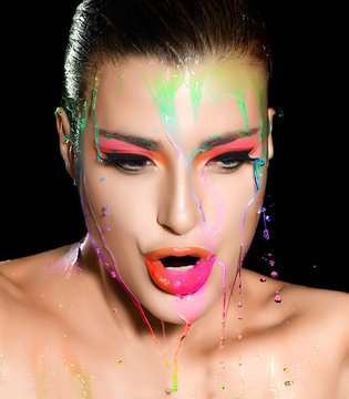 Fashion Girl Portrait. Colorful Makeup under Flowing Water