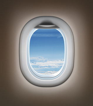 Travel by airplane concept. Airplane interior or jet window with