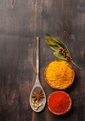 Spices curry, paprika, anise, cardamom. Spice over Wood.