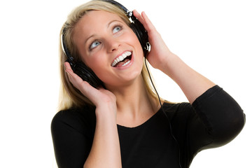 young woman listens to music