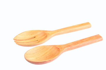 Wood spoon and fork on white background