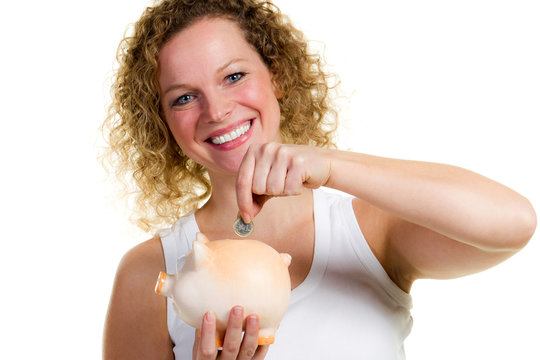 young woman throwing money at her bank