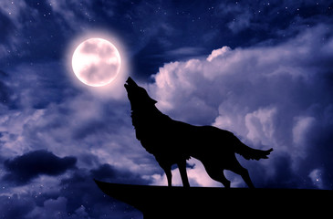 Wolf howling at the full moon