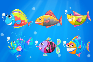 Fototapeta na wymiar A group of colorful smiling fishes