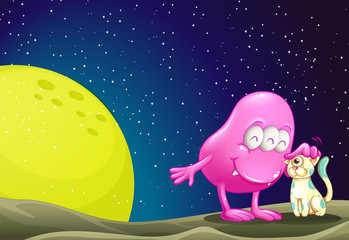Fototapeta premium A pink beanie monster pacifying the cat in the outerspace