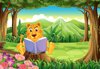 A tiger sitting above the stump while reading