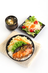 Salmon with Rice ,salad and soup
