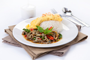 Sizzling spicy fried with Razor clam and fried omelet