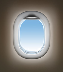 Airplane travel concept. Jet window interior.