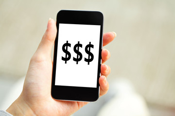 Human hand holding mobile phone with dollar sign on screen
