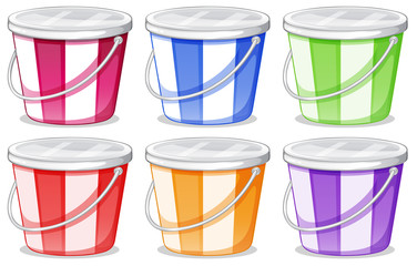 Six colorful pails