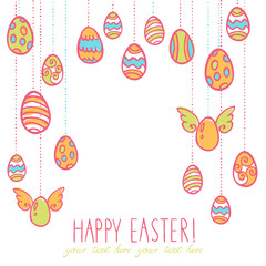Easter eggs hanging on laces postcard
