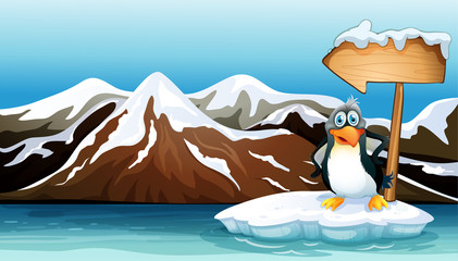 A penguin above the iceberg with an arrowboard - obrazy, fototapety, plakaty