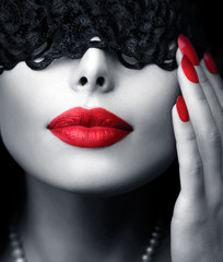 Beautiful Woman with Black Lace Mask over her Eyes - obrazy, fototapety, plakaty
