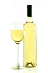 Bottle and glass of white wine isolated