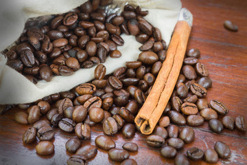 Coffee beans with cinnamon.
